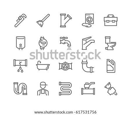 Simple Set of Plumber Related Vector Line Icons. 
Contains such Icons as Leaking Washing Machine, Water Heater, Tool Box and more.
Editable Stroke. 48x48 Pixel Perfect.