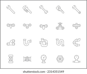 Simple Set of plumbing Related Vector Line Icons. Vector collection of traps, drains, taps, hand tools, vise, pipe, connector, valve and design elements symbols or logo element.