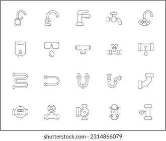 Simple Set of plumbing Related Vector Line Icons. Vector collection of traps, drains, taps, hand tools, vise, pipe, connector, valve and design elements symbols or logo element.