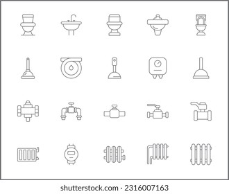 Simple Set of plumbing Related Vector Line Icons. Vector collection of traps, drains, taps, hand tools, vise, pipe, connector, valve and design elements symbols or logo element.