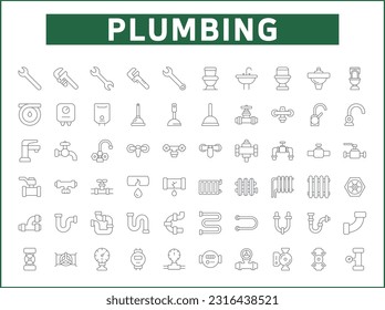 Simple Set of plumbing Related Vector Line Icons. Vector collection of traps, drains, taps, hand tools, vise, pipe, connector, valve and design elements symbols or logo element.