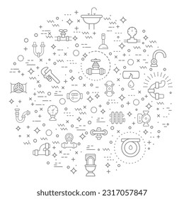 Simple Set of plumbing Related Vector Line Illustration. Contains such Icons as traps, drains, taps, hand tools, vise, pipe, connector, valve and Other Elements.