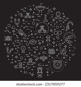 Simple Set of plumbing Related Vector Line Illustration. Contains such Icons as traps, drains, taps, hand tools, vise, pipe, connector, valve and Other Elements.