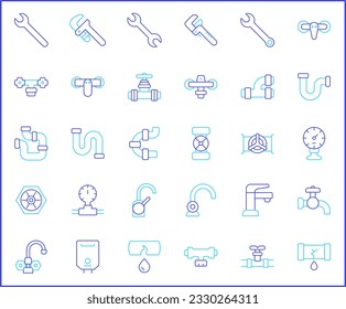 Simple Set of plumbing Related Vector Line Icons. Vector collection of traps, drains, taps, hand tools, vise, pipe, connector, valve and design elements symbols or logo element.