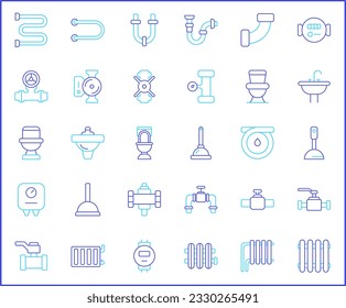 Simple Set of plumbing Related Vector Line Icons. Vector collection of traps, drains, taps, hand tools, vise, pipe, connector, valve and design elements symbols or logo element.