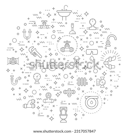 Simple Set of plumbing Related Vector Line Illustration. Contains such Icons as traps, drains, taps, hand tools, vise, pipe, connector, valve and Other Elements.
