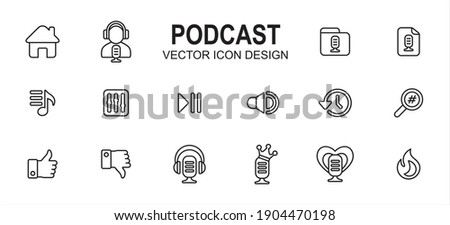 Simple Set of podcast streaming application Vector icon user interface graphic design. Contains such Icons as home, speaker, host, folder, category, new, play list, equalizer, play pause, favorite