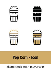 Simple Set of Pop Corn Icon with 4 style, line, solid, filled line, and color line. Editable Stroke and Pixel Perfect.