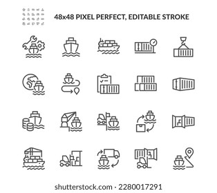 Simple Set of Port Logistics Related Vector Line Icons. Contains such Icons as Ship Loading Process, Route, Container Stacking and more. Editable Stroke. 48x48 Pixel Perfect.