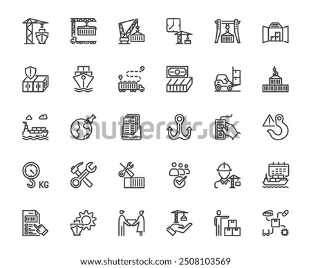 Simple set of port or sea shipping transportation and related outline icon set such cargo, loading, forklift, container ship and logistic concept, editable stroke line 48x48 pixel perfect icon