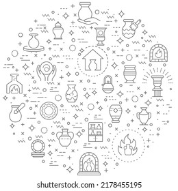 Simple Set of Pottery Related Vector Line Illustration. Contains such Icons as Bowl, Plate, fireplace, ceramics, vase, clay, mug and Other Elements.