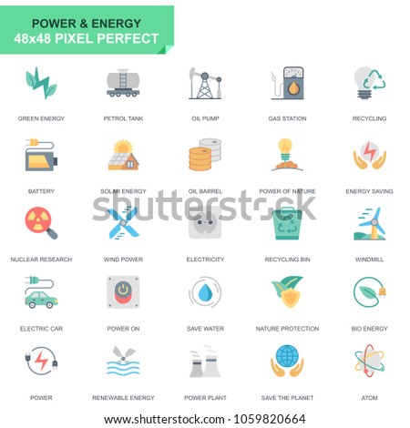 Simple Set Power Industry and Energy Flat Icons for Website and Mobile Apps. Contains such Icons as Recycling, Petrol Tank, Oil Pump. 48x48 Pixel Perfect. Editable Stroke. Vector illustration.