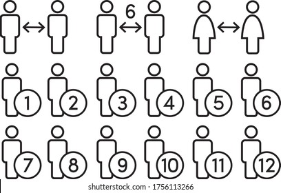 Simple Juego de Prácticas de Distancia Social, Enfermedad de Coronavirus 2019 Covid-19 Iconos de Línea. Evitar Los Lugares Atrapados. Estancia A 6 Metros De Distancia. Limitada a 1, 2, 3, 4, 5, 6, 7, 8, 9, 10, 11, 12 personas o personas