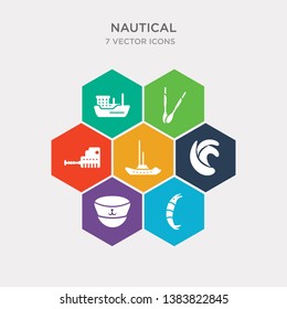 simple set of prawn facing left, captain hat, ocean waves, big float icons, contains such as icons ship engine, double paddle, tanker ship and more. 64x64 pixel perfect. infographics vector
