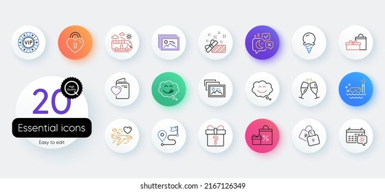 Simple set of Present, Scuba diving and Travel calendar line icons. Include Champagne glasses, Smile chat, Vip chip icons. Love document, Secret gift, Ice cream web elements. Gifts. Vector