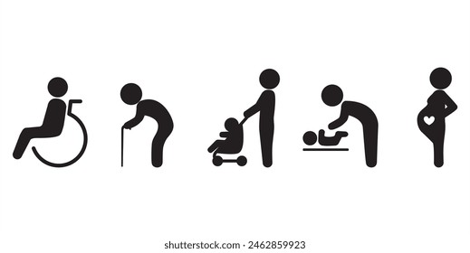 Simple set of Priority Seat icons, Human vector signs. Priority Symbols for Disabled Passenger: Elderly passenger, Pregnant, Old man, Woman with infant child and baby wheelchair, Vector transparent.