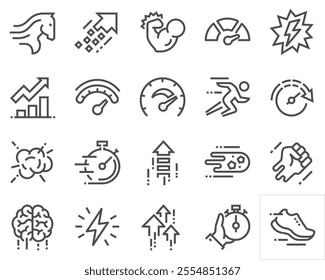 Simple set of productivity vector line icons. Contains icons such as power, speed, graph, sprint, boost, brain, gain and more. Editable stroke.