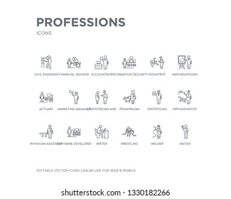 simple set of professions vector line icons. contains such icons as waiter, welder, wrestling, writer, software developer, physician assistant, orthodontist, statistician, pediatrician and more.