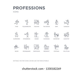 simple set of professions vector line icons. contains such icons as politician, postman, president, professor, programmer, racer, scientist, secretary, showman and more. editable pixel perfect.