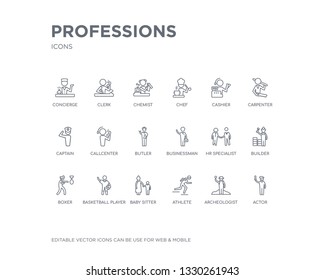 simple set of professions vector line icons. contains such icons as actor, archeologist, athlete, baby sitter, basketball player, boxer, builder, hr specialist, businessman and more. editable pixel