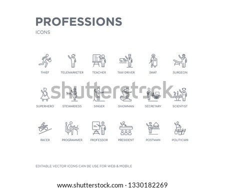 simple set of professions vector line icons. contains such icons as politician, postman, president, professor, programmer, racer, scientist, secretary, showman and more. editable pixel perfect.