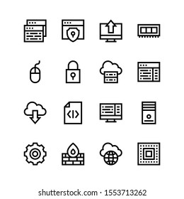 Simple Set of programming Related Vector Line Icons. Contains such Icons as code, security, upload, ram, mouse, lock, server, download, computer, gear, firewall, global, cpu.