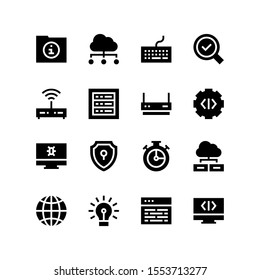 Simple Set of Programming Related Vector Filled Icons. Contains such Icons as modem, cloud computing, lightbulb, gear, server, shield, chronometer, code, global, folder, virus, keyboard and more.