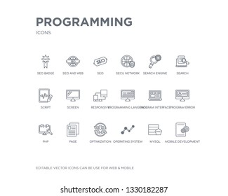 simple set of programming vector line icons. contains such icons as mobile development, mysql, operating system, optimization, page, php, program error, program interface, programming language and