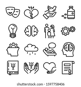 Simple Set of Psychology Related Vector Line Icons. Contains such Icons as Family Relationship, Group Therapy, Addiction and more