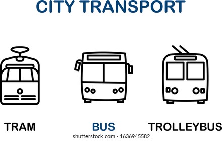 Simple Set of Public Transport Related Vector Icons. Contains such Icons as tram, bus, trolleybus. Black symbols isolated on white. 