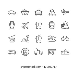 Simple Set of Public Transport Related Vector Line Icons. 
Contains such Icons as Taxi, Train, Tram and more.
Editable Stroke. 48x48 Pixel Perfect.