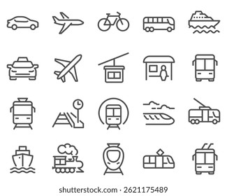 Simple set of public transport vector line icons. Contains such icons as Taxi, Train, Tram and more.
