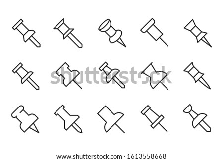 Simple set of push pin modern thin line icons. Trendy design. Pack of stroke icons. Vector illustration isolated on a white background. Premium quality symbols.