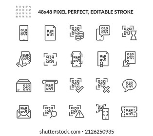 Simple Set of QR Code Related Vector Line Icons. Contains such Icons as Scanning Process, Verification, Show your code sign and more. Editable Stroke. 48x48 Pixel Perfect.