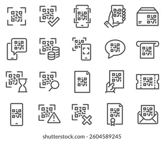 Simple Set of QR Code Related Vector Line Icons. Contains such Icons as Scanning Process, Verification, Show your code sign and more.