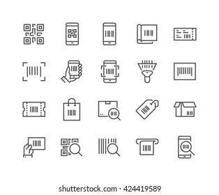Simple Set of QR Code Related Vector Line Icons. 
Contains such Icons as Scanner, Package Code, Ticket, Barcode and more. 
Editable Stroke. 48x48 Pixel Perfect. 
