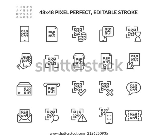 Simple Set of QR\
Code Related Vector Line Icons. Contains such Icons as Scanning\
Process, Verification, Show your code sign and more. Editable\
Stroke. 48x48 Pixel\
Perfect.