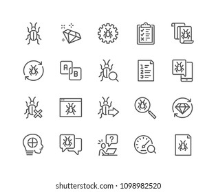 Simple Set of Quality Assurance Related Vector Line Icons. Contains such Icons as UI Testing, Bug Report, Test Case and more. Editable Stroke. 48x48 Pixel Perfect.