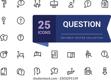 Simple set of question related line icons. Contains such icons as question mark and more. Pixel perfect, minimalistic web and UI icon. Outline icon collections.