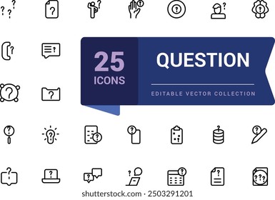 Simple set of question related line icons. Contains such icons as question mark and more. Pixel perfect, minimalistic web and UI icon. Outline icon collections.