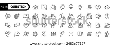 Simple set of question related vector line icons. Question mark, surprised man, dialog, search for answers. Editable stroke. 