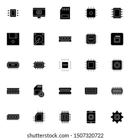 simple set of RAM, memory, CPU solid icons isolated on white background and suitable for UI, app, web, and software.