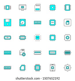 simple set of RAM, memory, CPU filled line  icons isolated on white background and suitable for UI, app, web, and software.