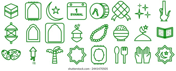 Simple Set of Ramadan Kareem or Eid Mubarak Related Vector Line Icons. Outline Symbol Collection. Editable Stroke. Green outline