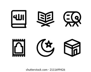 Simple Set of Ramadan Related Vector Line Icons. Contains Icons as Quran, Drum, Prayer Rug and more.
