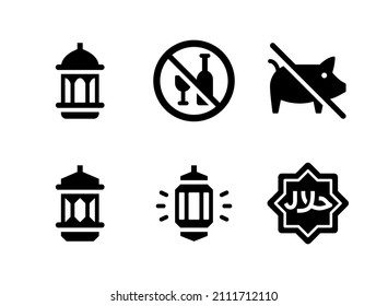 Simple Set of Ramadan Related Vector Solid Icons. Contains Icons as Lantern, No Drinking, Halal Label and more.