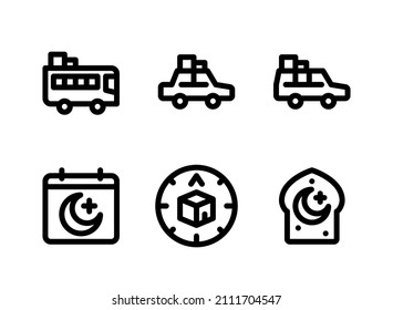 Simple conjunto de iconos de línea de vectores relacionados con la tradición de Ramadán. Contiene iconos como ir a casa con bus, auto, calendario y más.
