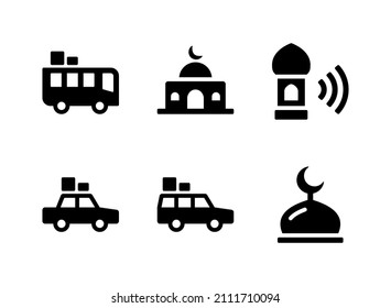 Simple conjunto de iconos sólidos vectoriales relacionados con la tradición de Ramadán. Contiene iconos como ir a casa con bus, auto, mezquita y más.