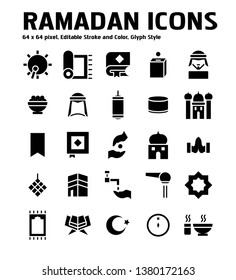 Simple Set of Ramadan Vector Glyph Icons. Contains such Icons as Ramadan, mecca, mosque, prophet, iftar, koran, carpet, lamp and more. Editable Stroke. 64x64 Pixel Perfect