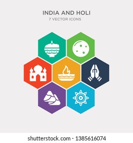 simple set of rangoli, samosa, namaste, oil lamp icons, contains such as icons taj mahal, full moon, phirni and more. 64x64 pixel perfect. infographics vector